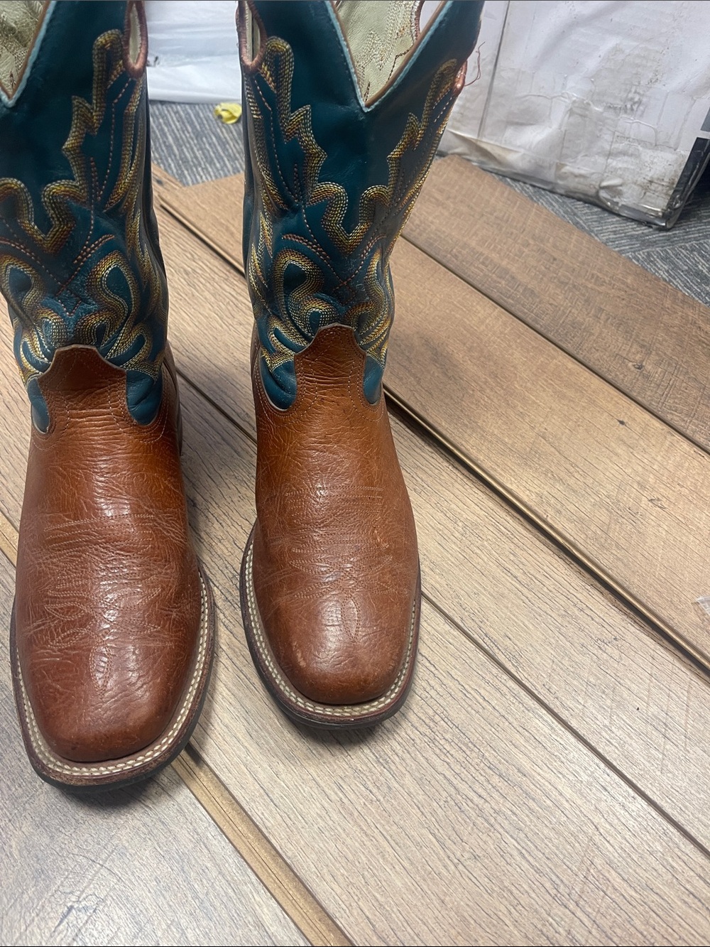 Men's Western Leather Boots in Brown with Teal Embroidered Shaft